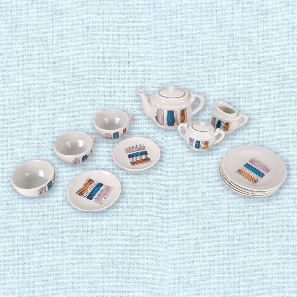 Vintage 1960s Mid-Century Miniature Porcelain Toy Tea Set Abstract Design Japan